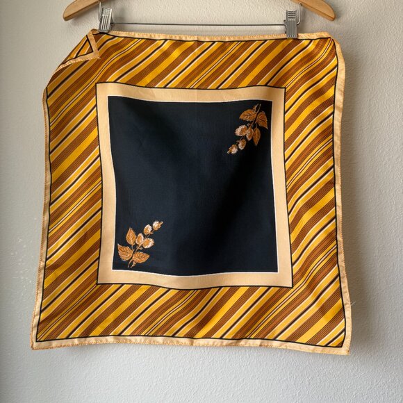 PRICE FIRM Vintage Black Orange Striped Leaf Square Printed Scarf - Picture 6 of 7